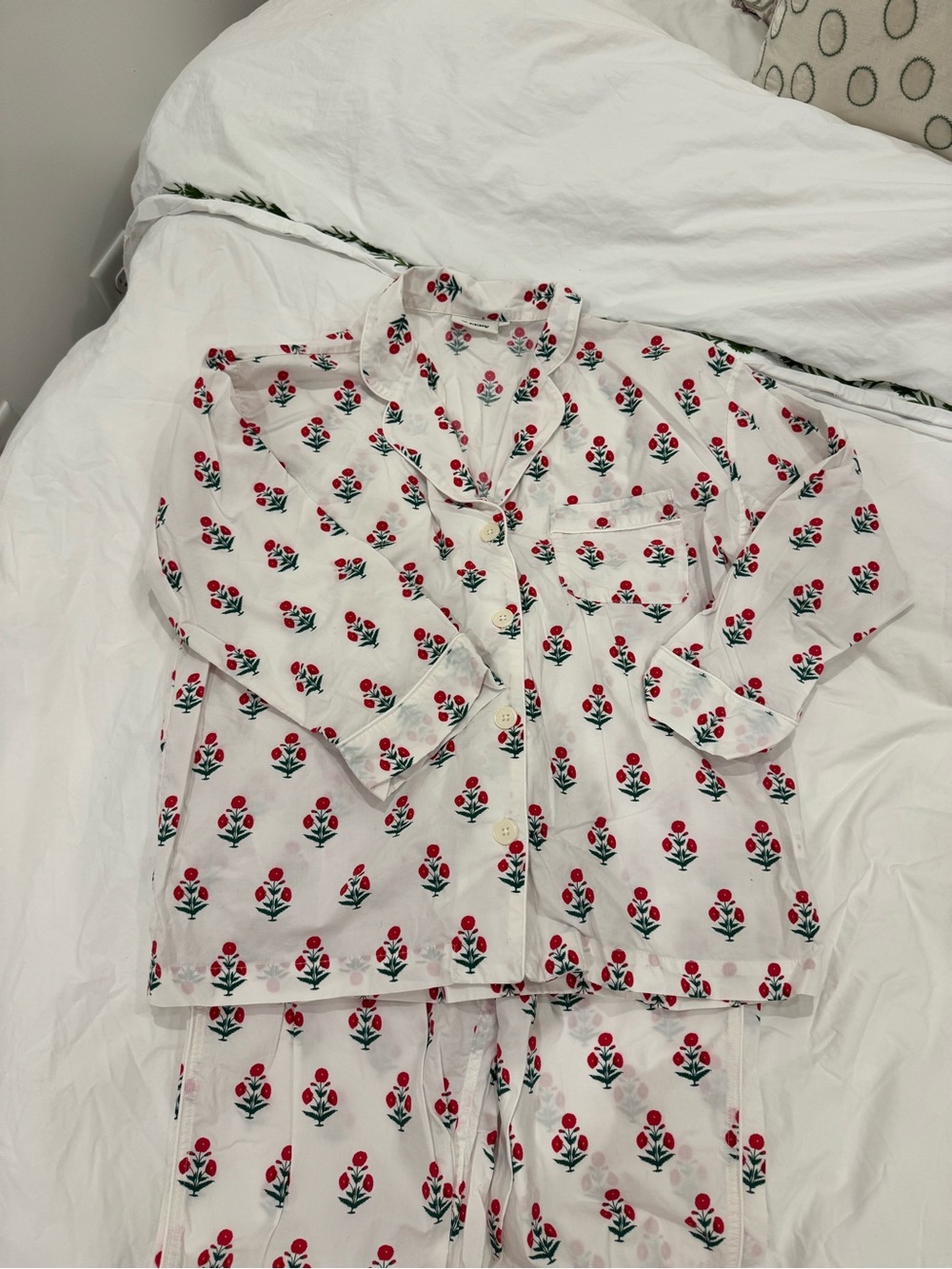 Sleepy Jones Floral Print Red and Green Pajama Set - White Background